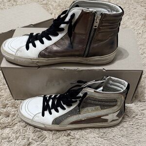 Golden Goose White and Brown High-Tops with Zipper